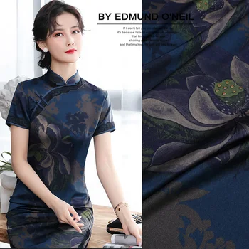 

Lotus Digital Print 108cm Wide 19Momme 93%silk 7%spandex Charmeuse Fabric for Dress Soft Elastic Diy Sewing Free Shipping Summer