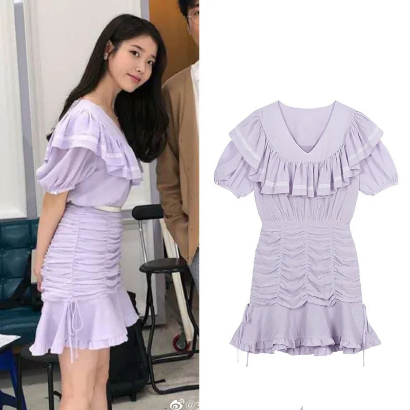 

kpop IU Lee Ji Eun korean sweet elegant purple puff sleeve slim Dress Women summer Fairy style fashion sexy bag hip Mini Dresses
