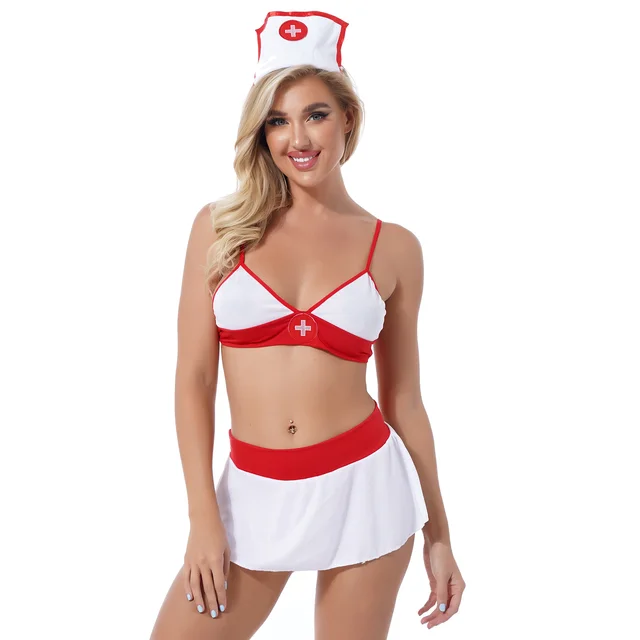 Sexy Nurse Cosplay Costume Unlined Bra with Mini Skirt Hair Hoop G-string 3