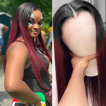 

SEXAY 13x4 Ombre Lace Front Human Hair Wigs 150% Remy #1b Red Burgundy 99J Pre Colored Straight Human Hair Lace Wig Pre Plucked