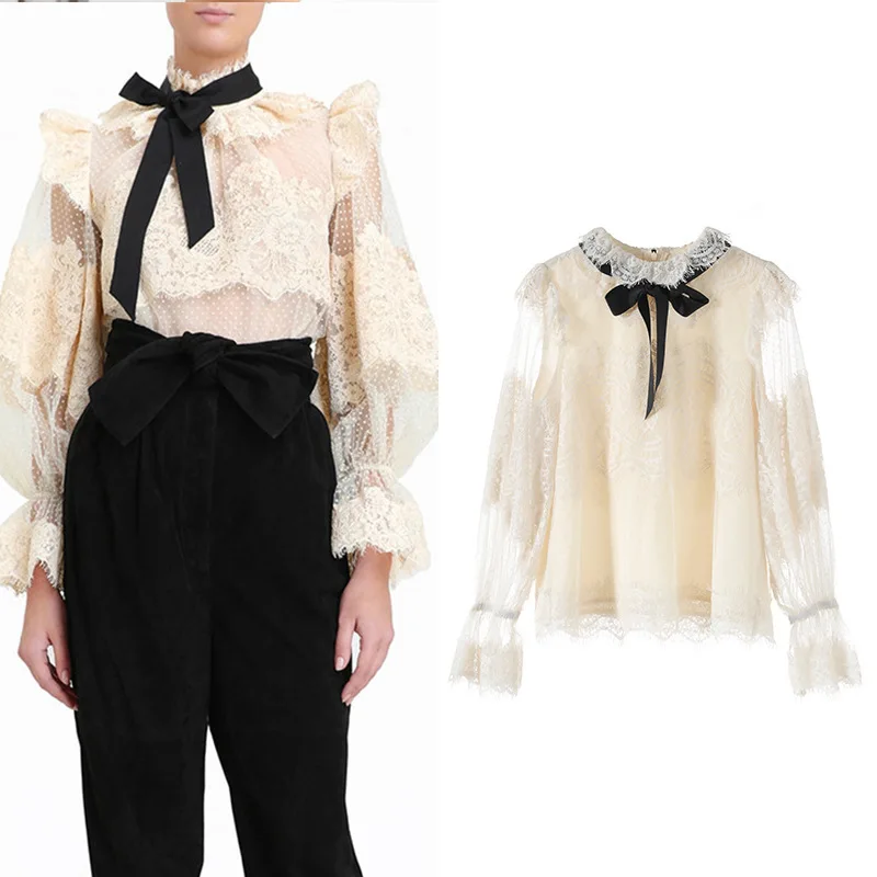 

2019 Autumn Apricot Lace Lotus Leaf Edge Horn Sleeve Court Wind Lace Shirt