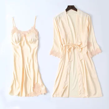 

Women Nightgown Kimono Bathrobe Gown Satin Sleepwear Sexy 2PCS Nighty&Robe Set Bride Wedding Robe Lace Patchwork Homewear