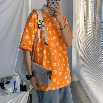 

Summer Flower T Shirt Men's Fashion Printed Casual Cotton T-shirt Men Streetwear Wild Loose Short-sleeved Tshirt Mens Tops