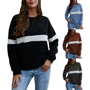 

Fashion Women Autumn Winter Color Block Patchwork Long Sleeve O Neck Sweatshirt