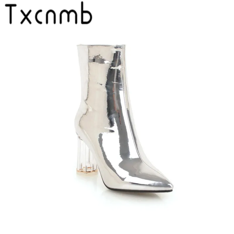 

TXCNMB 2019 Boots Women Mid-calf Boots Sequins PU High Heels Pointed Toe Autumn Winter Boots Zip Shoes Woman Size 34-43