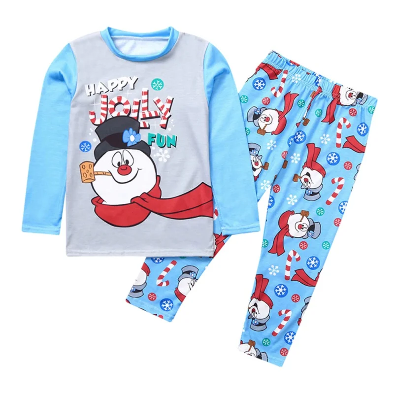 Лидер продаж; одинаковые комплекты для семьи; комплект из 2 предметов для родителей и детей; хлопковая футболка с длинными рукавами и принтом снеговика для мальчиков и девочек; пижамные комплекты со штанами