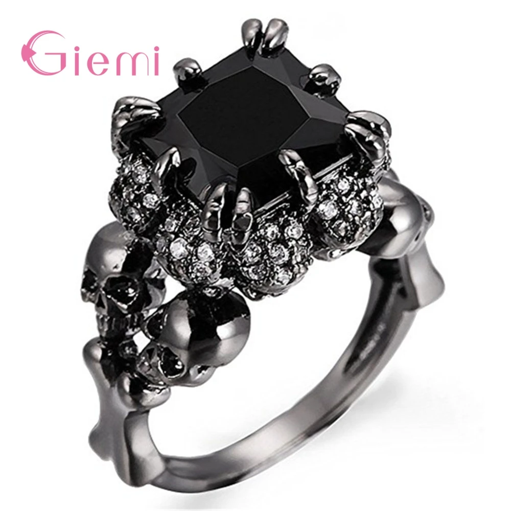 Anillo de calavera para Mujer, estilo Punk, joyería de plata de ley 925, Charm, Circonia cúbica cuadrada negra, de esqueleto para Mujer para fiesta|Anillos| - AliExpress