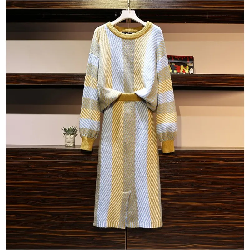 

2019 New Fashion Women Skirt Sets Autumn long Sleeve Striped Sweater Skirt Suits Female Knitted Sets Outfits