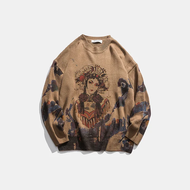 ZAZOMDE Casual Men Sweater O neck Beijing Opera Pattern Pullovers  Knittwear Autumn Sweaters Mens Loose Pullovers Men Brown