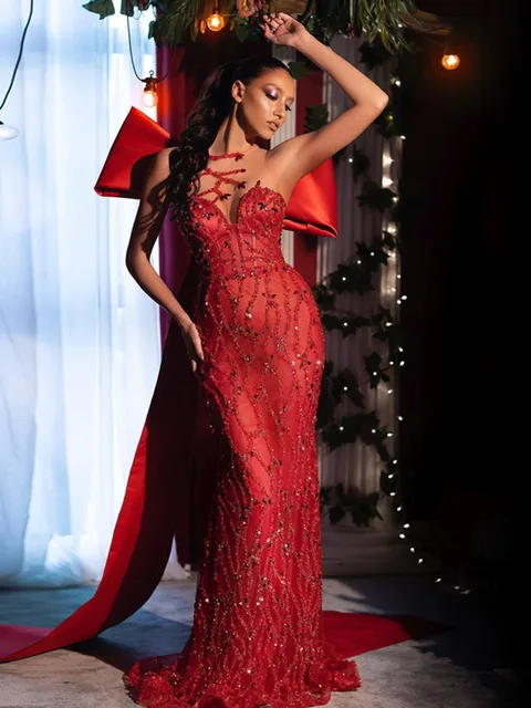 Chic Red Beaded Mermaid Evening Dresses 