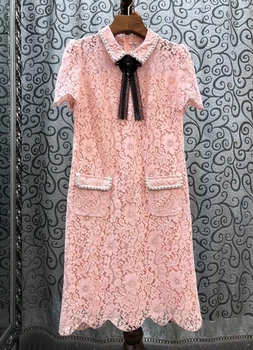 

2020 Spring and Summer New Women's Heavy Industry ding zuan Parquet Symmetry Deducted Short-Sleeved Water Soluble Lace Dress 418