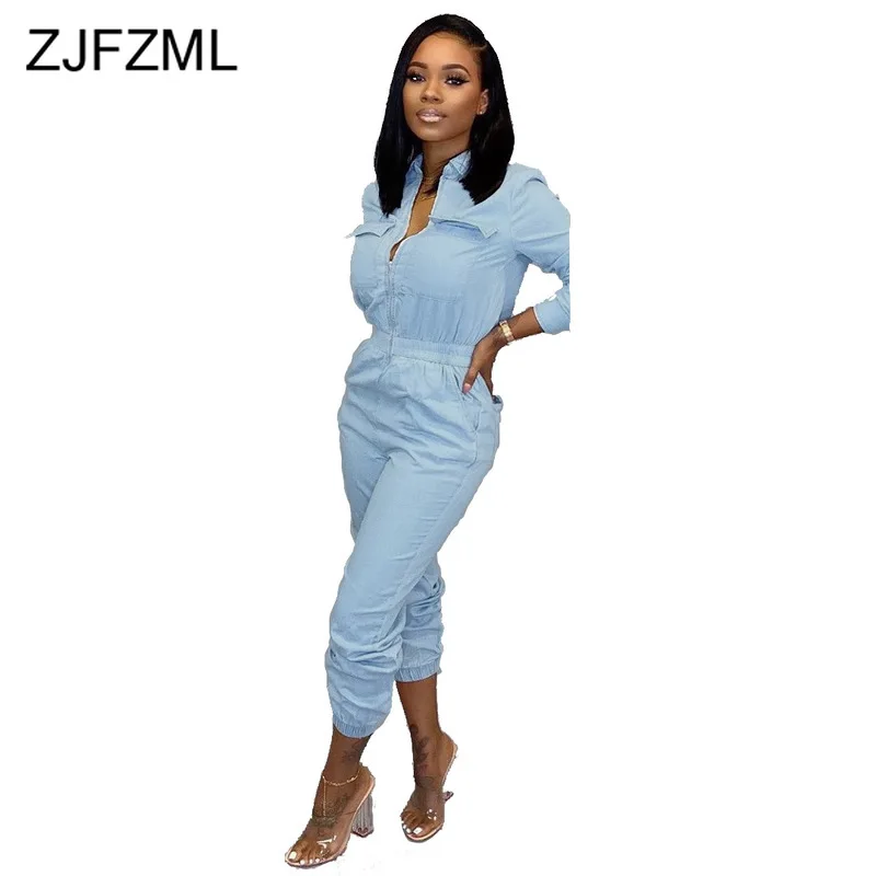 

Streetwear Zipper Front Denim Romper Women Turn-Down Collars Solid Drawstring Plus Size Jumpsuit Autumn Elegant Slim Playsuit