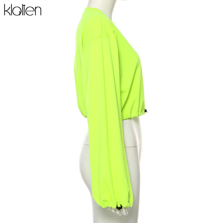 KLALIEN neon green с круглым вырезом и длинным рукавом, укороченный топ с завязками, толстовки осень-зима, новые уличные однотонные Свободные толстовки