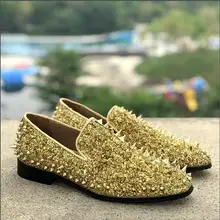 Лидер продаж; мужские блестящие туфли; цвет золотой, черный, серебристый; лоферы с шипами; слипоны с заклепками; мужские туфли для выпускного; свадебные туфли; zapatos hombre