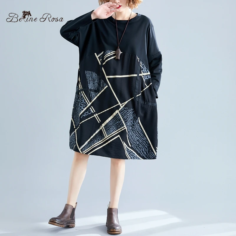 

BelineRosa 2019 Women's Cotton Linen Tunic Dresses Geometric Striped Long Sleeve Women Dress YYBW0007