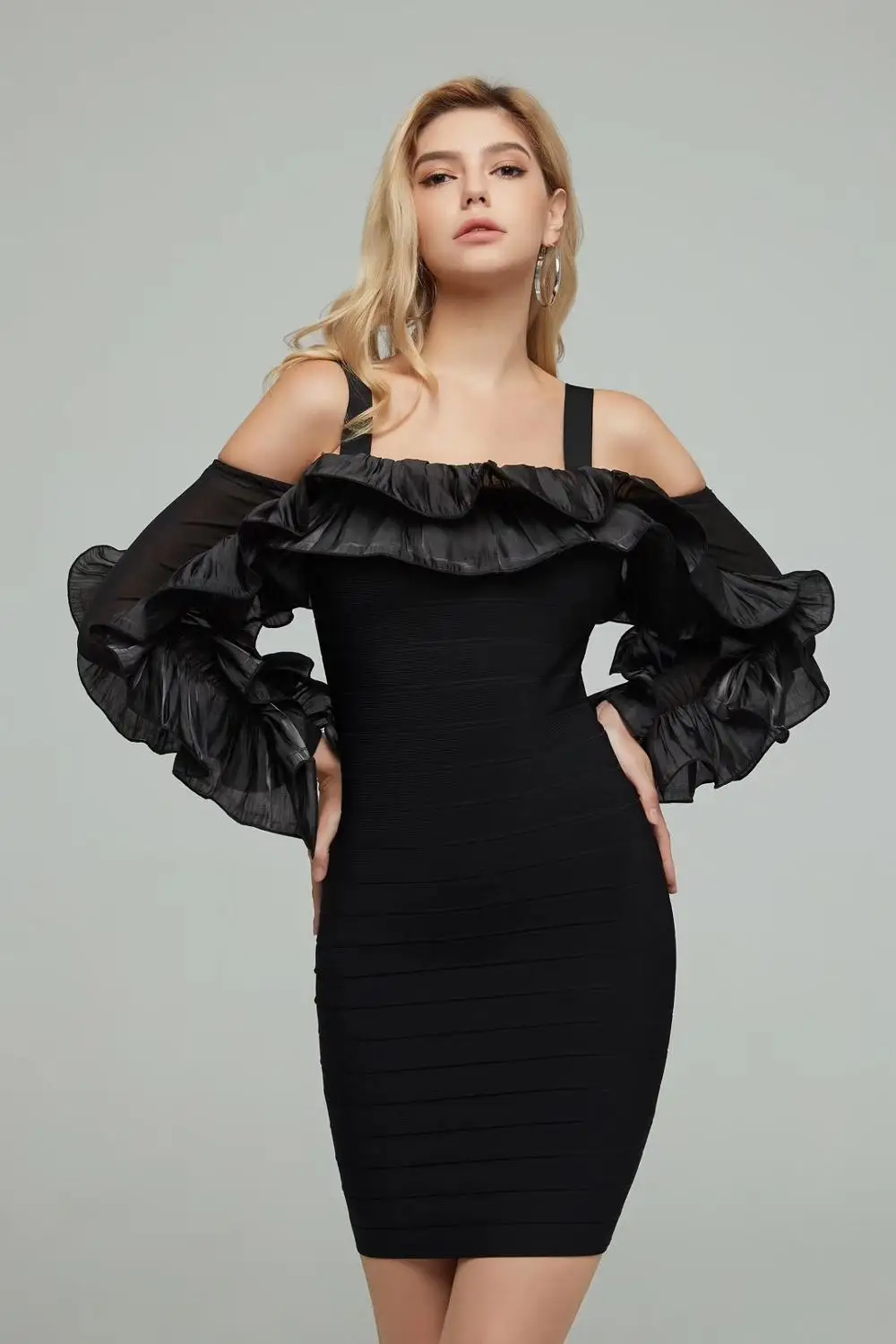 Vestidos, женское сексуальное модное черное Бандажное платье с длинным рукавом и открытыми плечами, дизайнерские вечерние платья знаменитостей, Vestido - Цвет: Черный