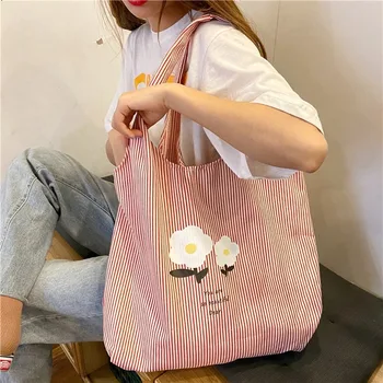 

Women Shopper Bag Eco Canvas Reusable Shopping Bag Stripe Fabric Large Tote for Girl 2020 Pink Shoulder Beach Bag Cloth Handbag