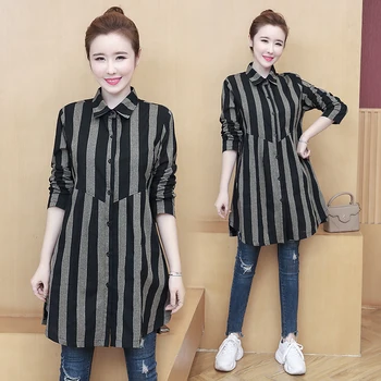 

COIGARSAM 5XL Plus Size Striped Shirt Womens tops Spring Cotton Linen Loose Women shirts 9070