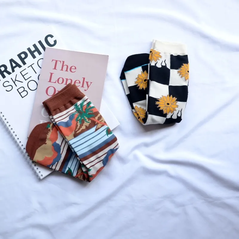 Dropshipping 2020 Combed Cotton Short Socks Unisex Cartoon Striped Coconut Tree Fashion Plaid Sunflower Retro Plant Sport Socks