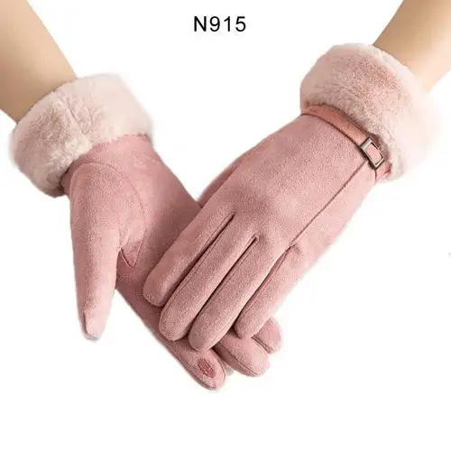 N915 Pink Зимние женские замшевые плюшевые полный варежки с прорезями для пальцев Открытый Теплый Сенсорный экран перчатки - Цвет: N915 Pink