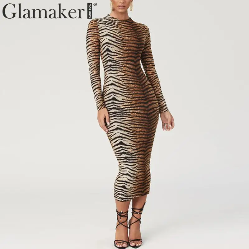 Glamaker с животным принтом, сексуальное длинное платье в обтяжку, женское осеннее Элегантное макси платье с длинными рукавами, зимнее тонкое вечернее платье с принтом тигра