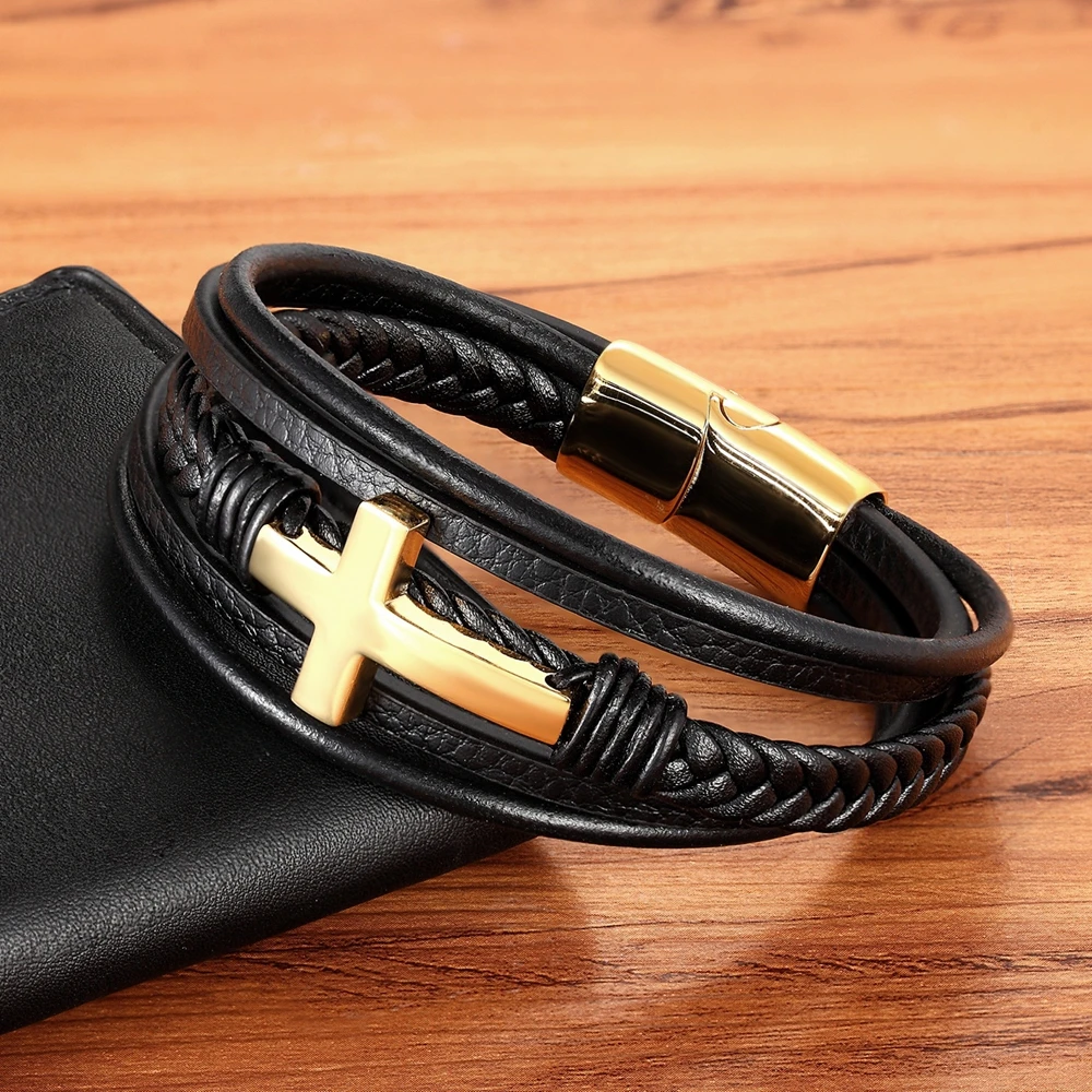 TYO Classic Style Cross Men Bracelet Multi-Layer Stainless Steel Leather Bangles Magnetic Clasp For Friend Fashion Jewelry Gift - Image 4