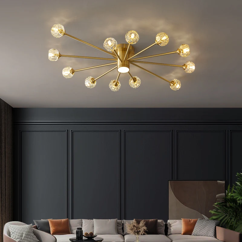 Modern luxury copper crystal ceiling lamp lighting American retro lamp restaurant golden luster molecular art ceiling lamp