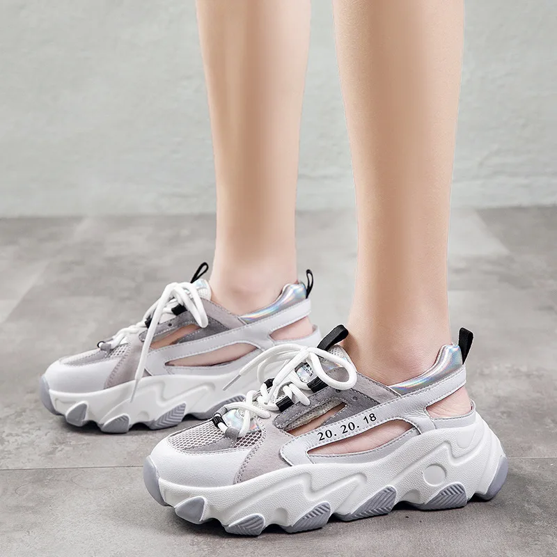 

CINESSD Genuine Leather Wedge Sneakers Women Casual Shoes 2020 Summer Platform Sneakers For Women Breathable Female Shoes Trend