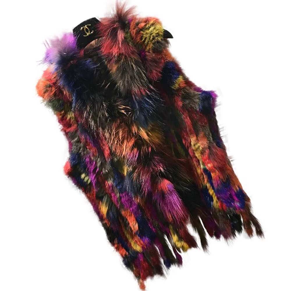 Fashion Womens Real Knitted Rabbit Fur Vests with Raccoon Fur Collar ...