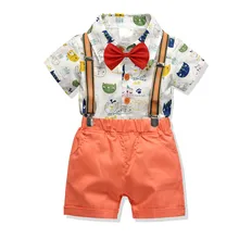 Комплект летней одежды для маленьких мальчиков; футболка с галстуком-бабочкой для маленьких джентльменов; Топы+ штаны на подтяжках