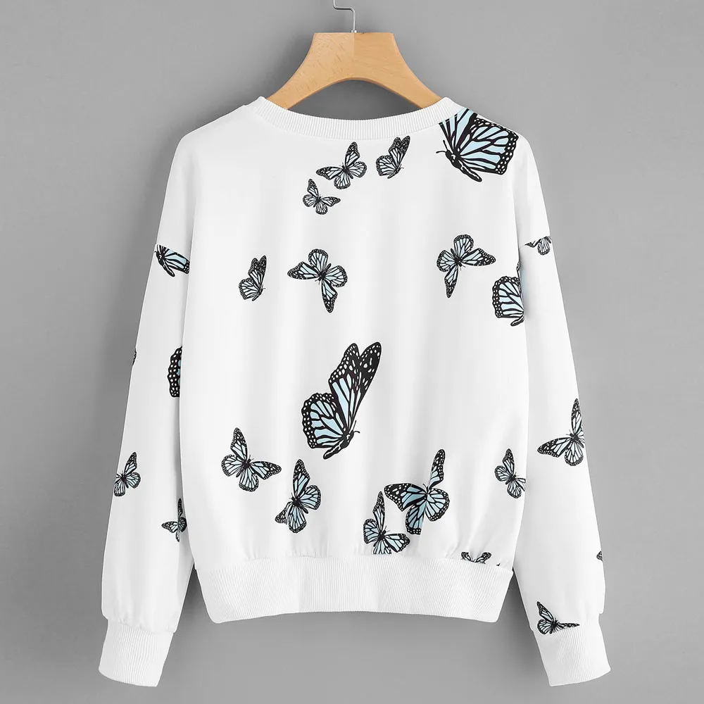 JAYCOSIN Fashion Women Casual Simple Swatshirt Butterfly Printing Long Sleeve Comfortable Solid Color Soft Chic Blouse Top