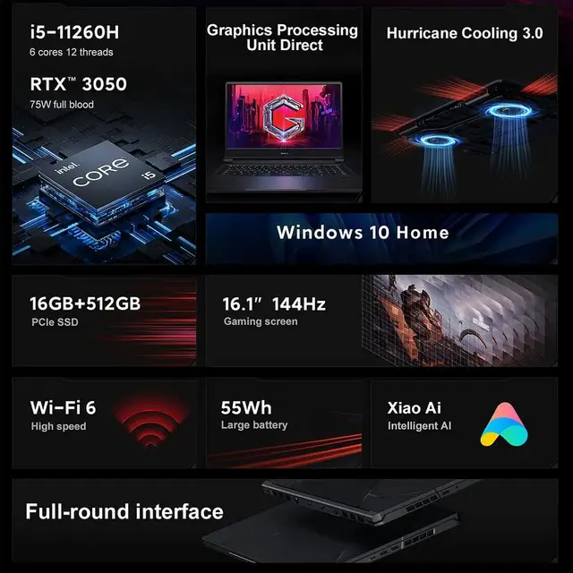 Xiaomi Redmi G Gaming Laptops AMD R7-5800H / Intel Core i5-11260H RTX3060/RTX3050 16.1'' Notebooks 16GB 512GB WiFi 6 Windows10 3
