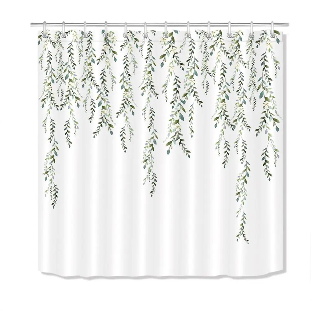 Cena Zielone liście zasłona prysznicowa artystyczna natura łazienka białe wodoodporne odporne na pleśń tkanina poliestrowa na wanna dla dzieci Decor