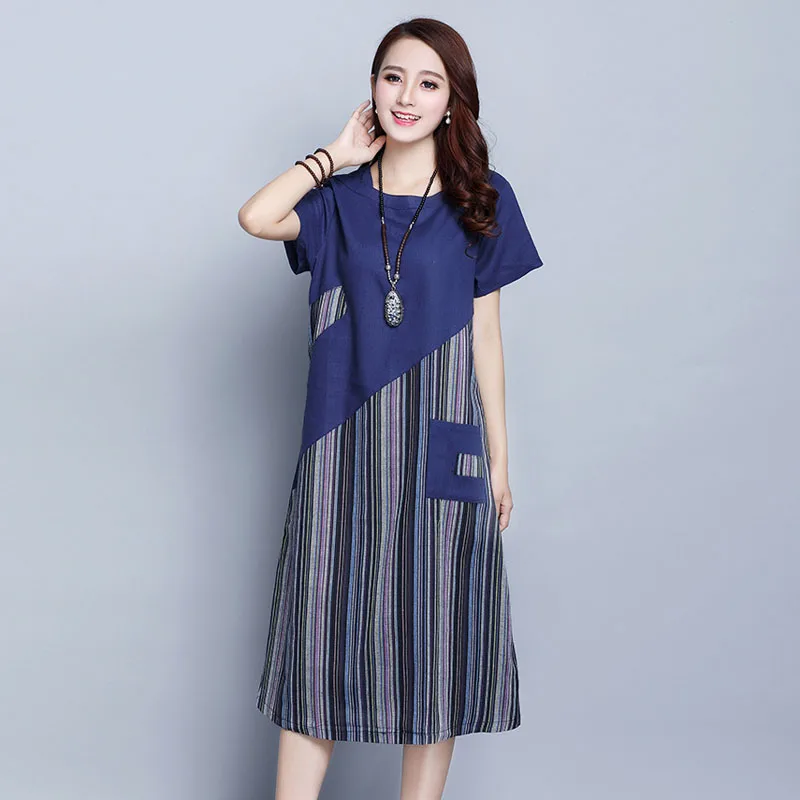 Модное летнее платье в полоску из хлопка и льна женские Базовые платья с коротким
