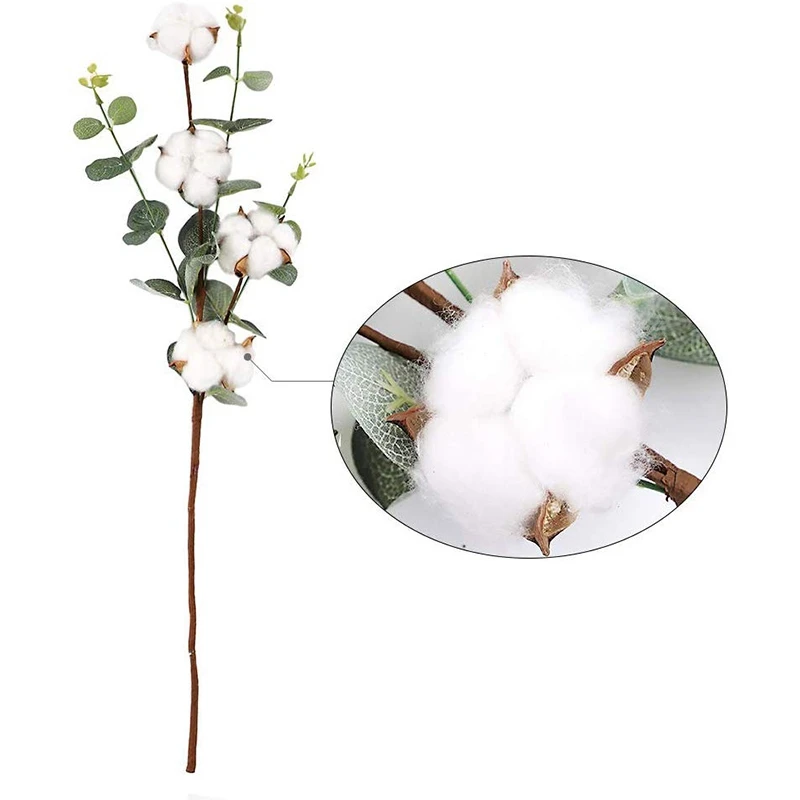 21 inch cotton stems - 4 cotton heads with eucalyptus leaves