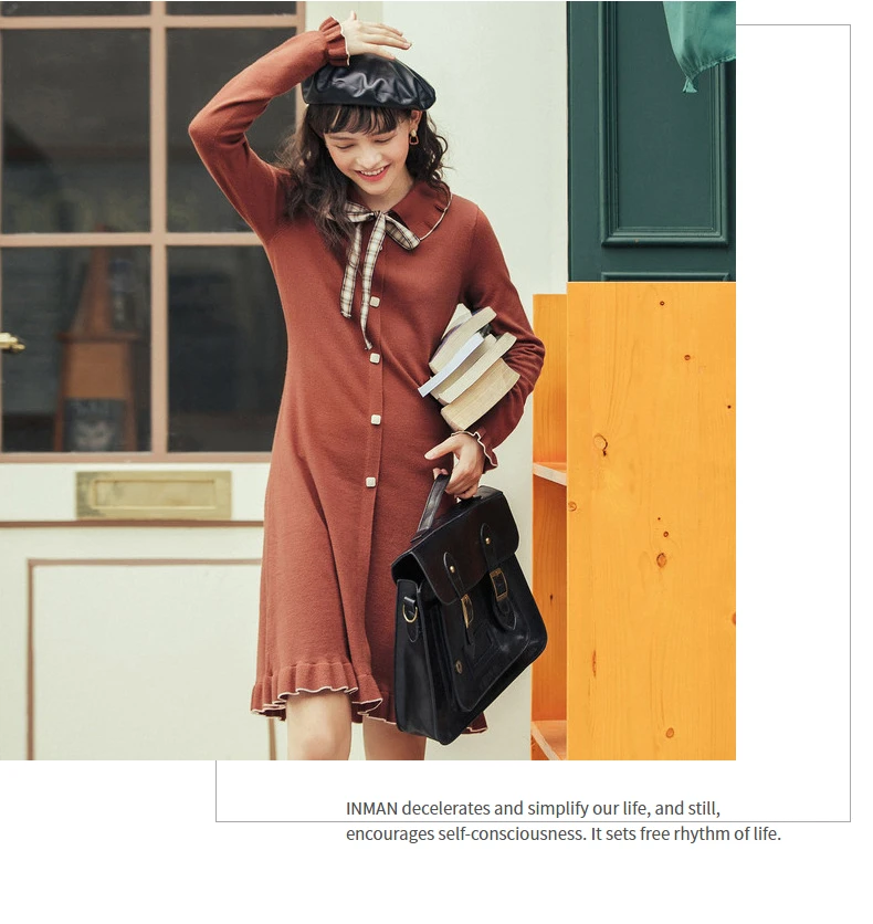 INMAN Autumn Winter New Arrival Retro Style Plaid Pattern Bow Tie Knot Young Women Lady Dress
