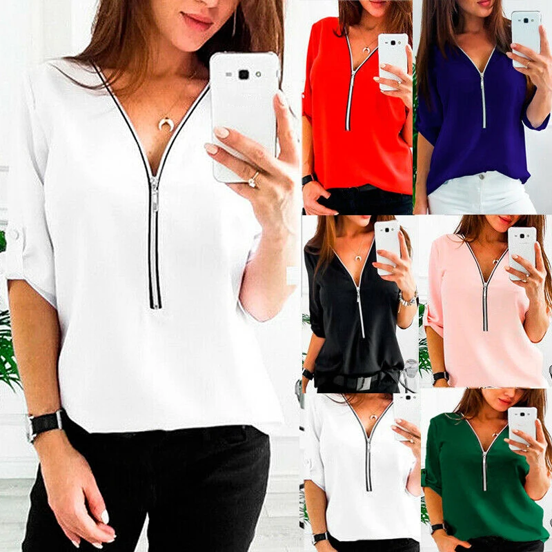 Ladies S-5XL Casual 3/4 Sleeve Tunic Tee Plus Size Elegant Beauty T Shirt Summer Women Solid V-neck Zipper Tops Multicolor
