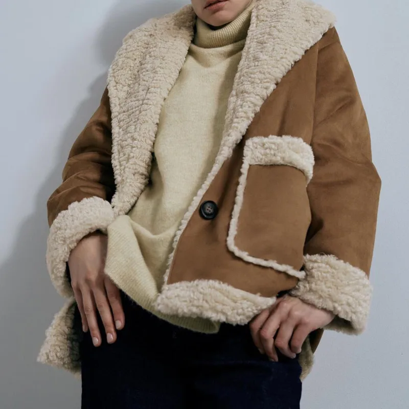 ZA Winter Jacket Women Lamb Wool Warm Loose Coat Vintage Artificial Deerskin Velvet Woman Thickened Faux Fur | Женская одежда