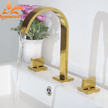 

Suguword Basin Faucet Golden Hot and Cold Switch Mixer Tap Dual Handle Ceramic Spool Concise Type Bathroom Faucet