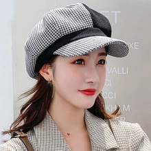 Клетчатая шапка берет Кепка шерстяная шапка Повседневная восьмиугольная зимняя женская шапка теплая клетчатая Лоскутная Кепка Newsboy женские береты для женщин и девочек