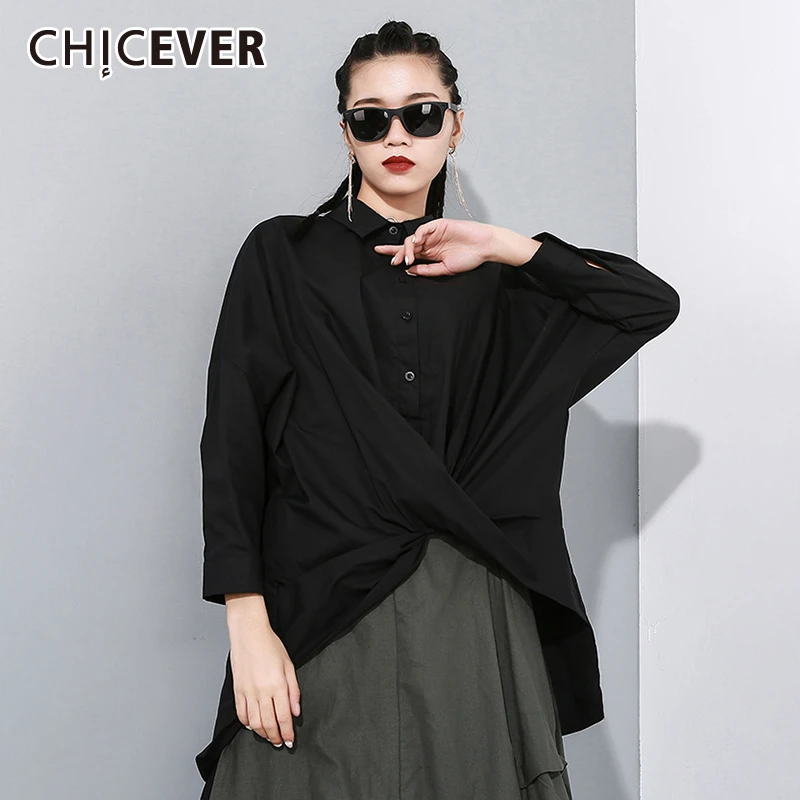 CHICEVER, Корейская женская рубашка с перекрестными рюшами, воротник с лацканами, длинный рукав, асимметричный подол, блузка для женщин,, Весенняя мода, новая одежда