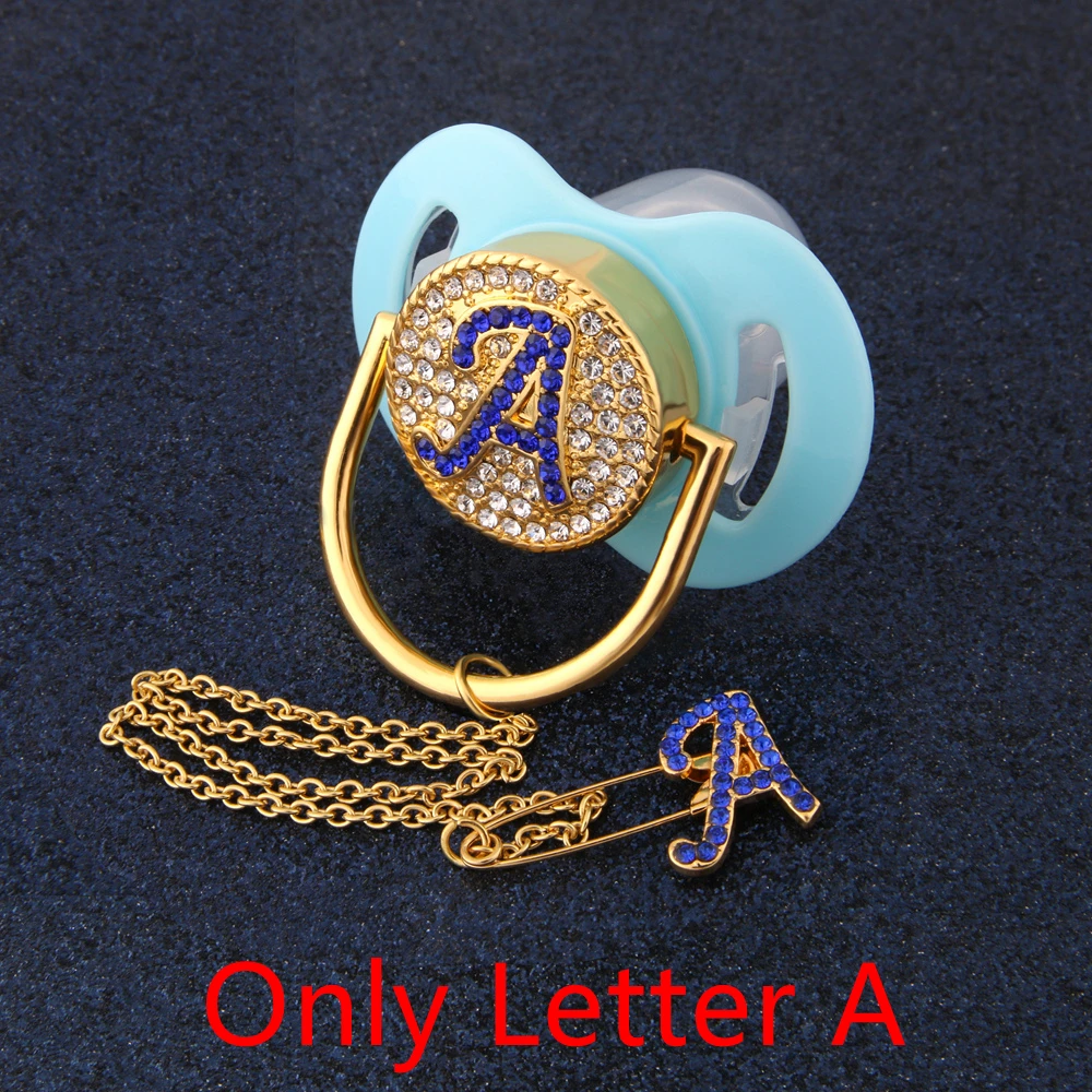 2Pcs/Set Luxury Baby Bling Pacifier Blue Eye Initials Letter A Crystal Orthodontic Nipple Silicone Soother Baby Dummy