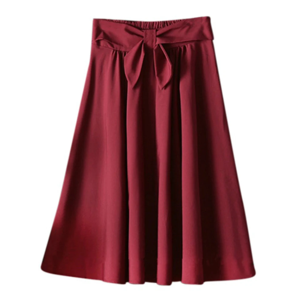 Wine Red Новинка; трапециевидная юбка с бантом и рюшами; повседневная юбка средней длины - Цвет: Wine Red