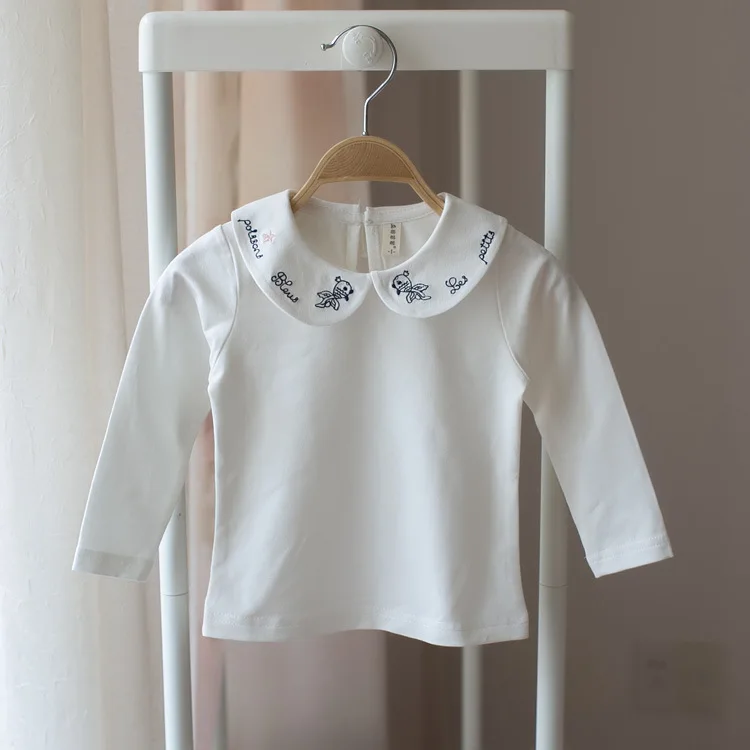 Mmtkids/Осенняя детская одежда в Корейском стиле; Базовая рубашка для детей; нижнее белье для девочек; футболка с длинными рукавами и вышитым воротником; G902