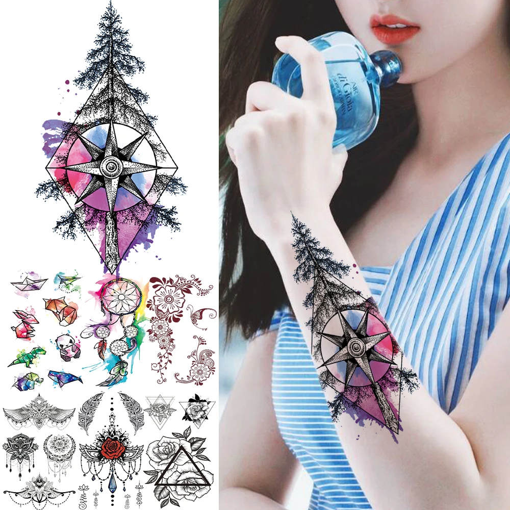 

Watercolor Geometric Tatoos Stickers For Women Girls Kids Tree Panda Fox Flower Temporary Tatoo Fake Whale Realistic Tattoos