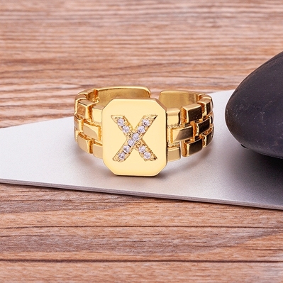 Arrival Fashion Gold Color Initial Ring Open Design Adjustable Hot Sale Watchband Chain A-Z Letters Zircon Rings For Women