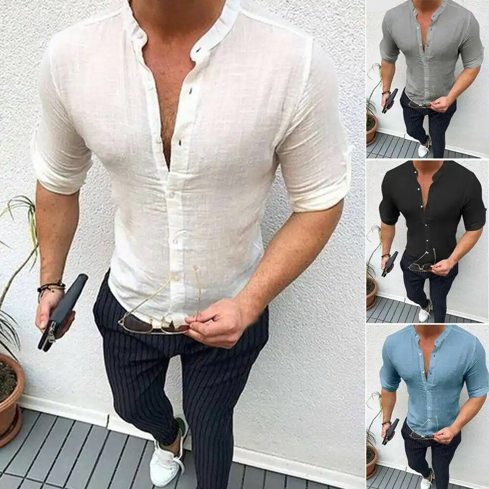 新メンズ半袖亜麻リネンシャツ半袖ネックボタンダウンスリムフィットネスカジュアル夏男性固体色トップス Casual Shirts Aliexpress