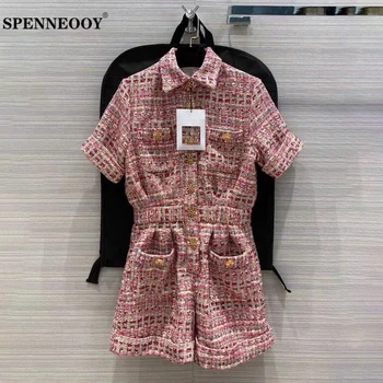

SPENNEOOY Designer Custom Runway Autumn Women Multicolor Coarse Weave Playsuits Ladies Button Pockets Vintage Short Rompers