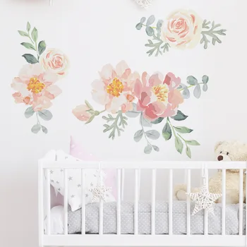 

Hand Paint Watercolor Flowers Wall Stickers Peony Rose Green Leaves Wall Decals for Baby Nuresery Living Room Bedroom Decor PVC