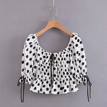 

Classic Stylish Women Polka Dot Print Tops Chic Ruffles Lace-Up Pleated Short Blouses Elastic Waist Casual Blusas Mujer